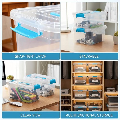 Jetec 8-Pack Clear Plastic Storage Bins - Stackable Organizer with Lids & Blue Handles | 6.5 Qt, 11.02 x 7.48 x 6.02''