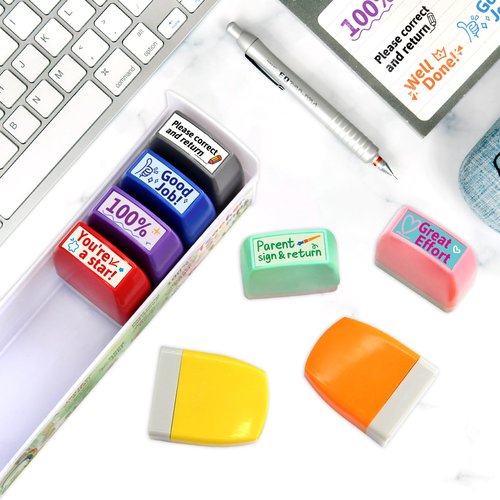 Teacher Stamps for Grading Motivational Teacher Self-Inking Stamp Set Encouraging Signature Stamp for Classroom Supplies 8 Packs Multicolor
