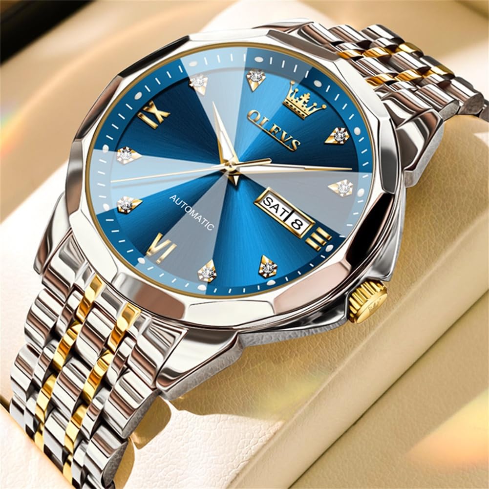 OLEVS Watch for Men Automatic Classic Mechanical Watch Diamond Mirror Stainless Steel Dress Casual Waterproof Day/Date Calendar Blue