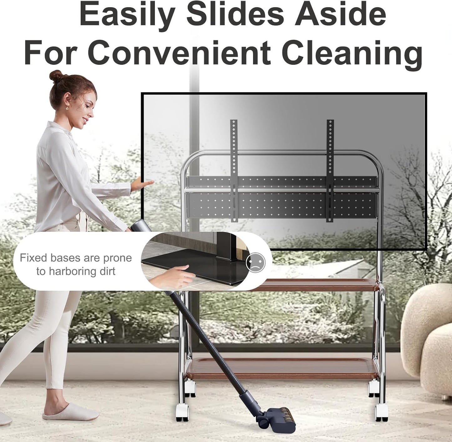 Skiennix Mobile TV Cart - Rolling Stand for 32 to 75 Inch Flat Screens | Stainless Steel, Locking Wheels, 110 Lbs Capacity