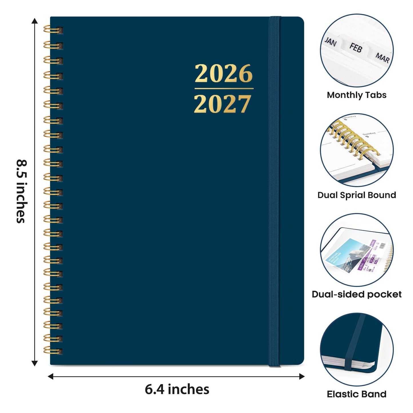 Academic Planner 2026-2027, Weekly and Monthly Calendar Planner Book, July 2026 – June 2027, Hardcover Organizer with Tabs, Perfect for Teachers, Students, Women & Men, A5 (6.4" x 8.5") - Navy