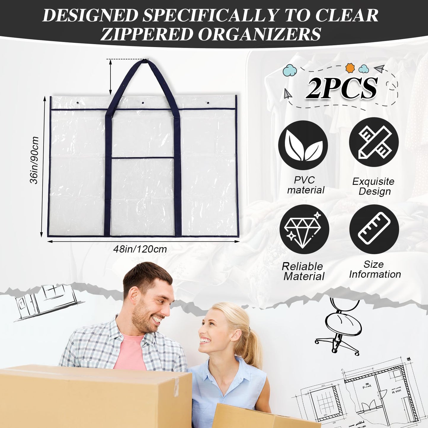 Windyun 2 Pack Large Poster Storage Bag 48" x 36" Bulletin Board Holder Art Portfolio Case PVC Art Portfolio Container Storage Box with Pocket for Classroom Teacher Organization(Blue)