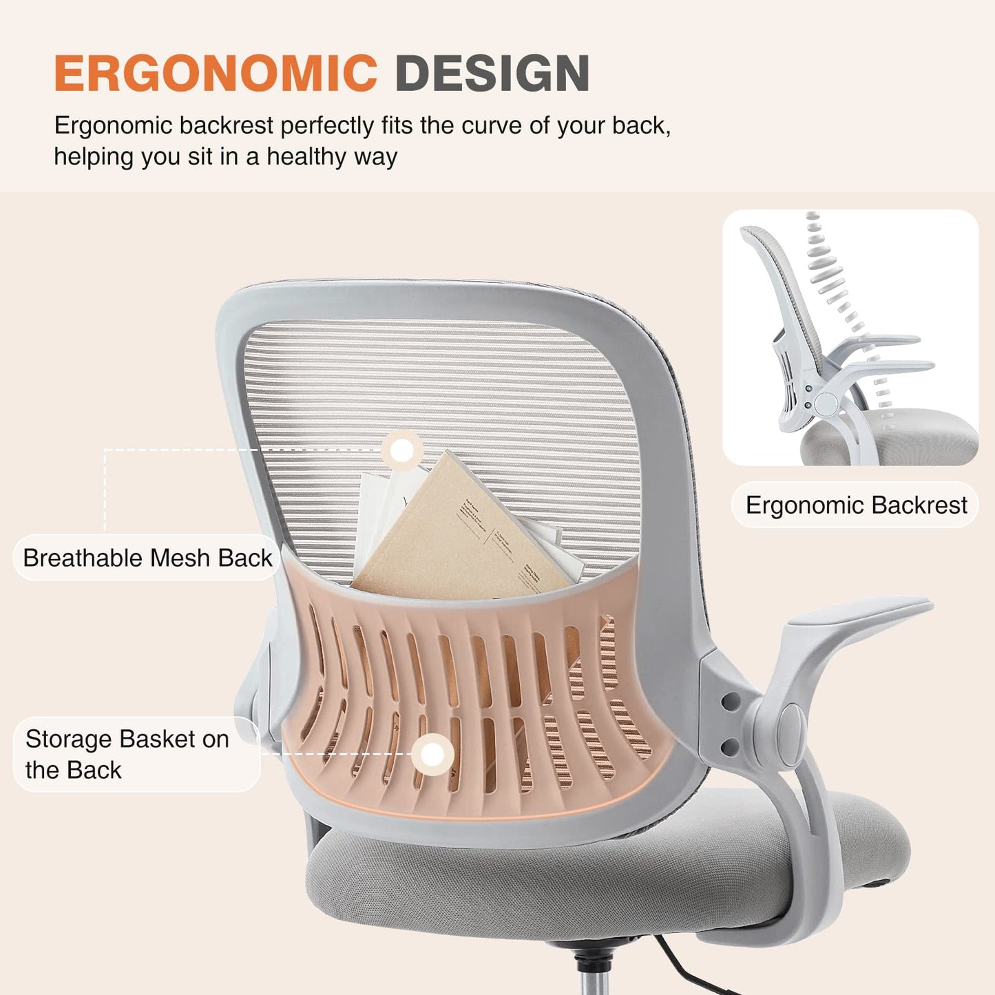 Sweetcrispy Office Desk Chair, Ergonomic Mid-Back Mesh Rolling Work Swivel Task Chairs with Wheels, Comfortable Lumbar Support, Comfy Flip-up Arms for Home, Bedroom, Study, Student, Classic Grey