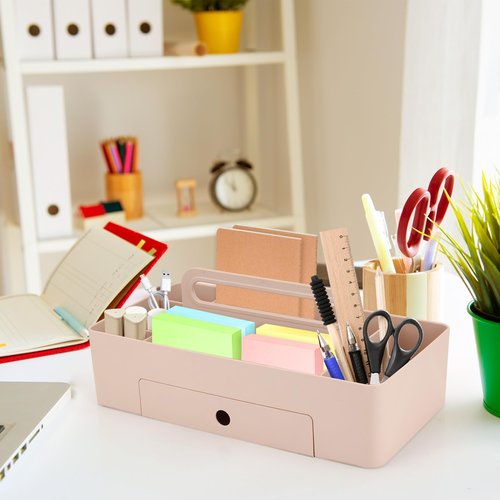 GYMDLN Multipurpose Caddy Organizer with Handle -8 Compartments and 1 small drawer - Art Craft Supplies, Office, Desk, Stationery Pen Holder, Makeup, Bathroom, Shower, Cleaning, Dorm Organizer - Pink