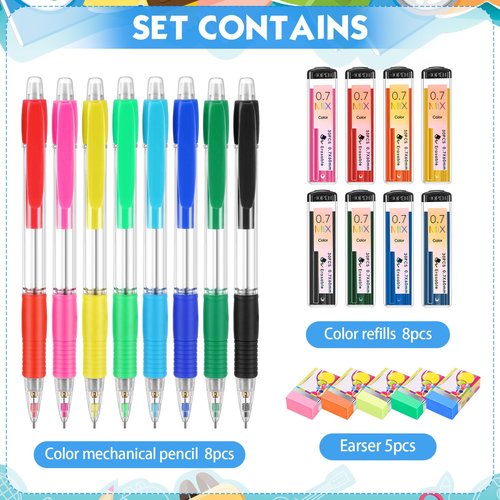 Affrolling 21 Pcs 0.7mm Color Mechanical Pencil Set Include Color Mechanical Pencil Refills Erasers Stationery Supplies for Writing, Drawing and Sketching School Office Students(Transparent)