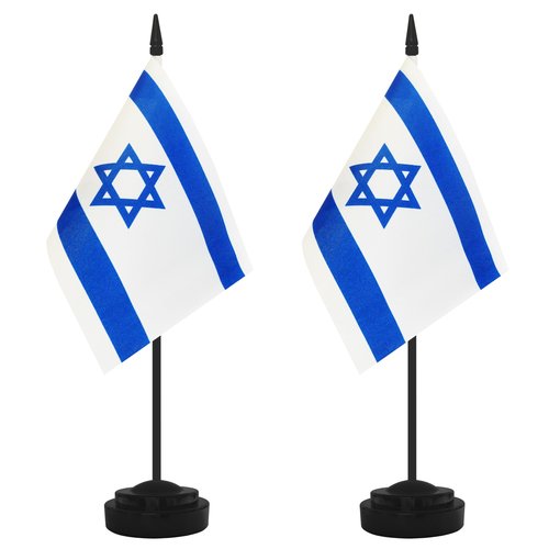 2 Pack Israel Desk Flag Set, Israeli Desktop Small Miniature Table Office Flag with 12" Black Pole and Black Base, Offices, Classroom, Home, Festival Decoration (Israel)