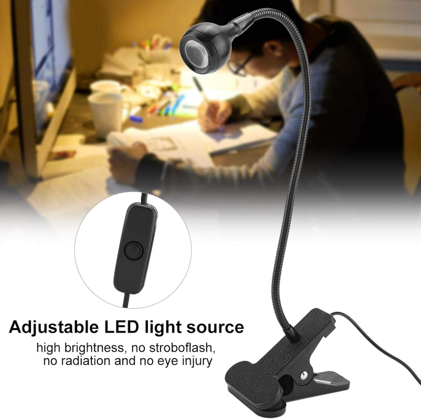 Skiennix USB LED Gooseneck Table Light - Eye-Caring Headboard Lamp for Home Study | Black Warm, Clip-On Design