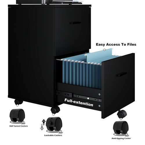 2 Drawer Mobile File Cabinet, Wood Rolling Filing Cabinet Printer Stand Under Desk Storage Organizer Fits Letter Size File Folders for Home Office (Black)