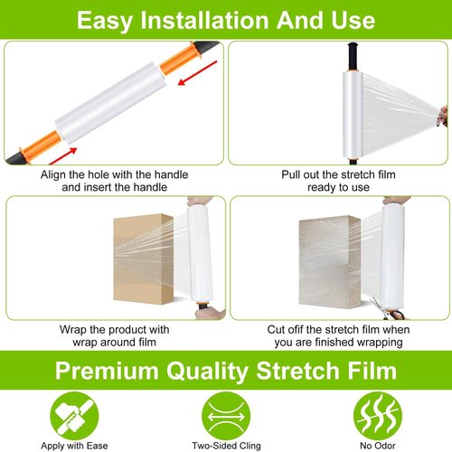 Clear Stretch Film, 15 Inch x 1000 Feet Stretch Wrap Roll for Pallet Wrap, Industrial Strength Stretch Wrap with Handles, Moving Wrapping Plastic Roll for Packing Materials Moving Supplies (2 Pack)