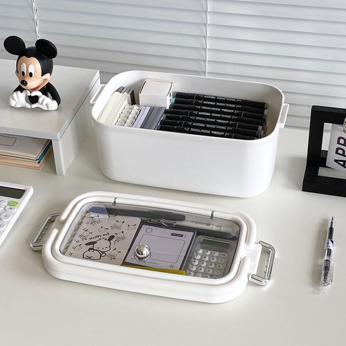NINEWEEN 2 Pack Plastic Pencil Box with Lid, Plastic Large Home Office Supplies Storage Container for Desk, Marker Pen, Cards, Medicine, Crayons, School Stationery, White Art and Crafts Organizer