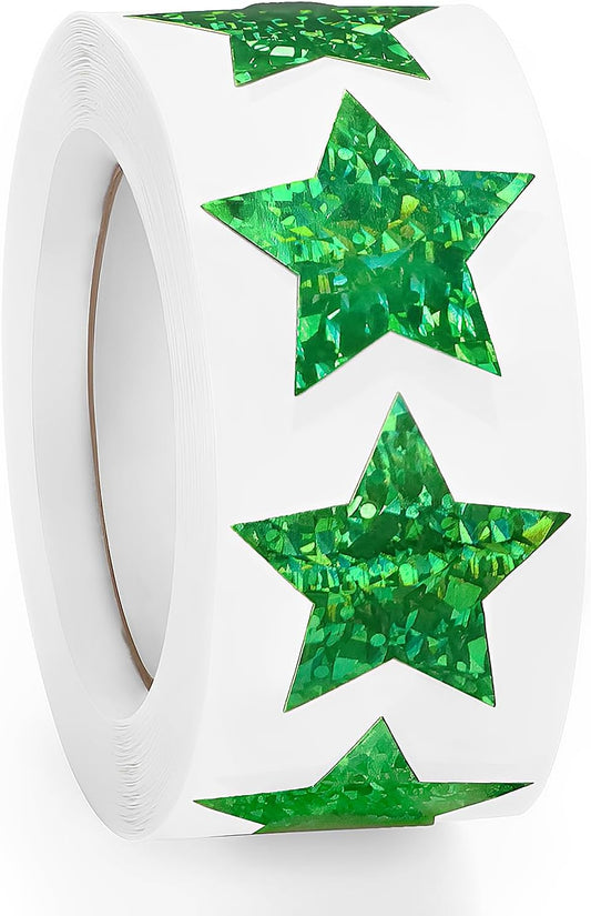 Skiennix Holographic Green Star Stickers - 500 PCS Self-Adhesive Glitter Foil for Kids' Reward Charts