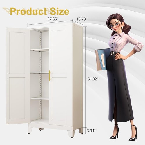 Pozdeg Metal Storage Cabinet - 61" Tall Steel File Cabinet with 2 Doors & 3 Adjustable Shelves | Versatile White Storage for Home, Office, Garage, or Outdoor Use