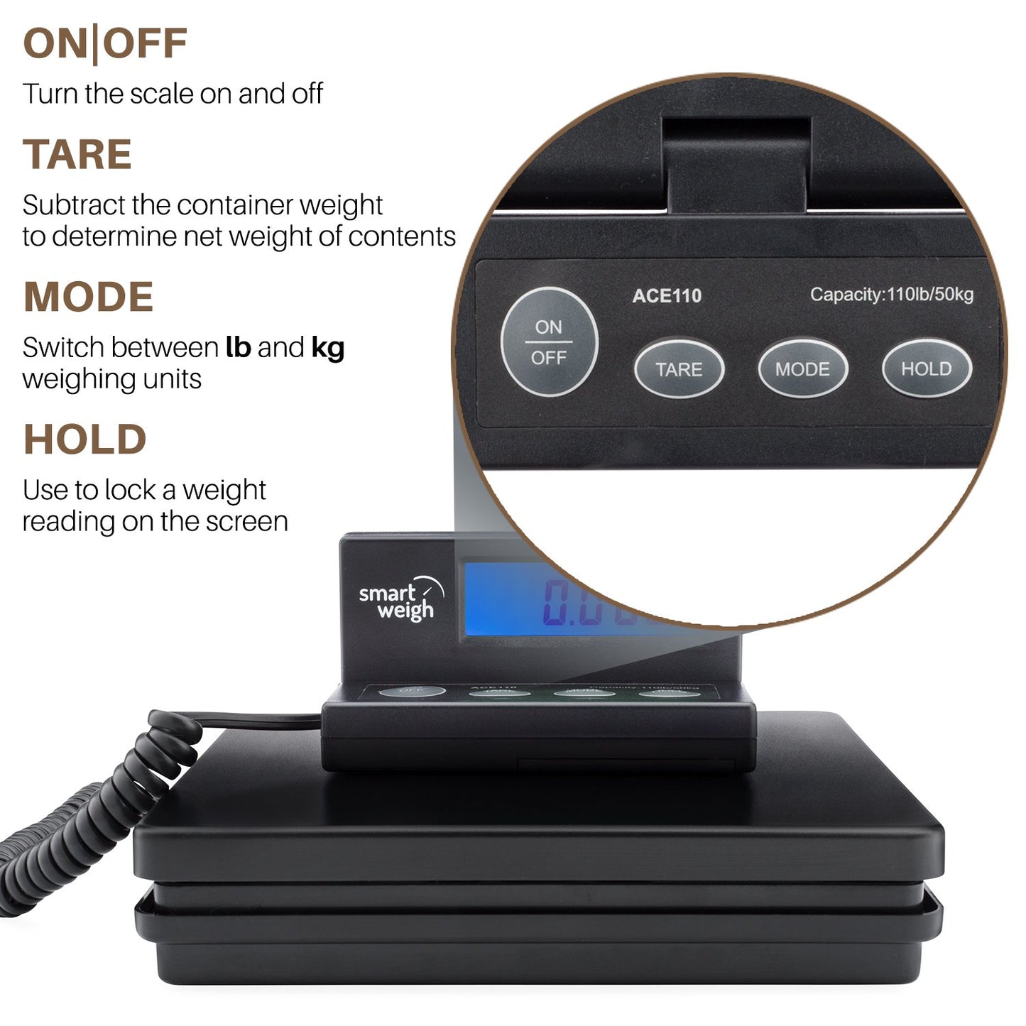 Smart Weigh Digital Postal Shipping Scale - 110lb/50kg Capacity | Precision to 0.1oz/2g, Wall-Mount Screen & AC Adapter Included
