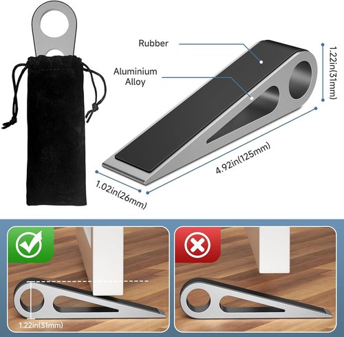 Heavy Duty Door Stopper - Aluminum & Rubber Wedge for Home, Office, Hotel | 4.92L x 1.02W x 1.22H Inch, Silver