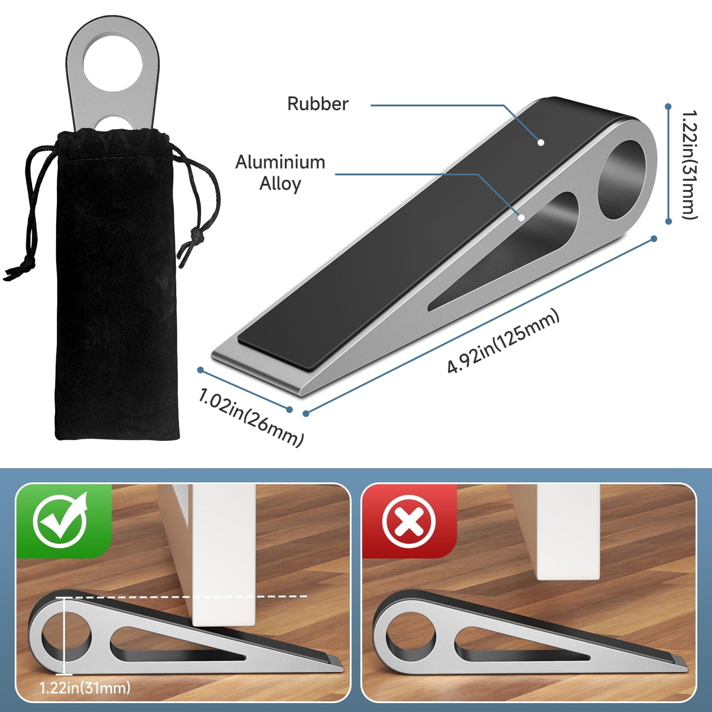 Heavy Duty Door Stopper for Bottom of Door, Aluminum & Rubber Door Stop Wedge- Keep Doors Open in Home, Apartment, Office, Hotel, 4.92L*1.02W*1.22H Inch, Silver