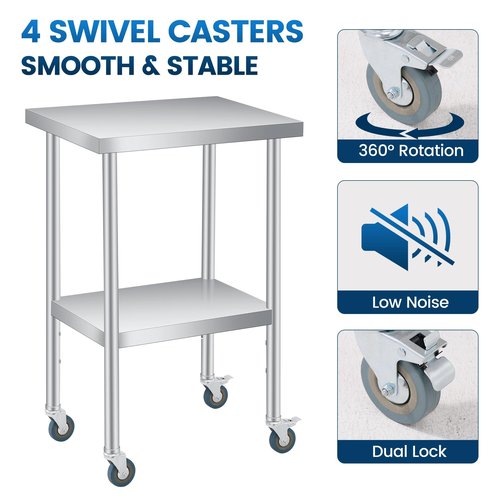 PeakPursuit Stainless Steel Table with Wheels-14x24x35Inch Metal Work Table with Lockable Wheels, 2 Tiers Stainless Prep Table with Adjustable Shelves for Kitchen, Office, Commercial and Gar