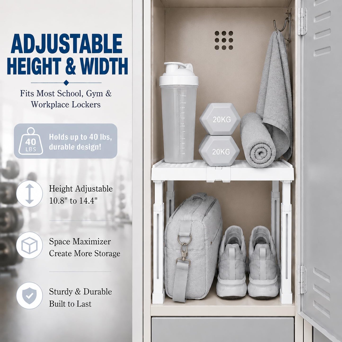 Adjustable Locker Shelf for School, Work & Gym Lockers – Expandable Width & Height, Stackable, Magnetic Support, Durable Locker Organizer Shelf – Easy to Assemble, Fits Standard Lockers, White