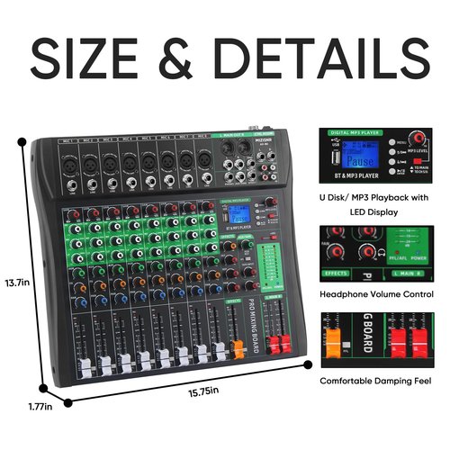 MIZISNR Audio Mixer 8 Channel, Professional Music Sound Mixer Board with Reverb, Digital DJ Mixing Console with 48V Phantom Power USB Port Bluetooth for Recording Karaoke Podcasting (AX-80)