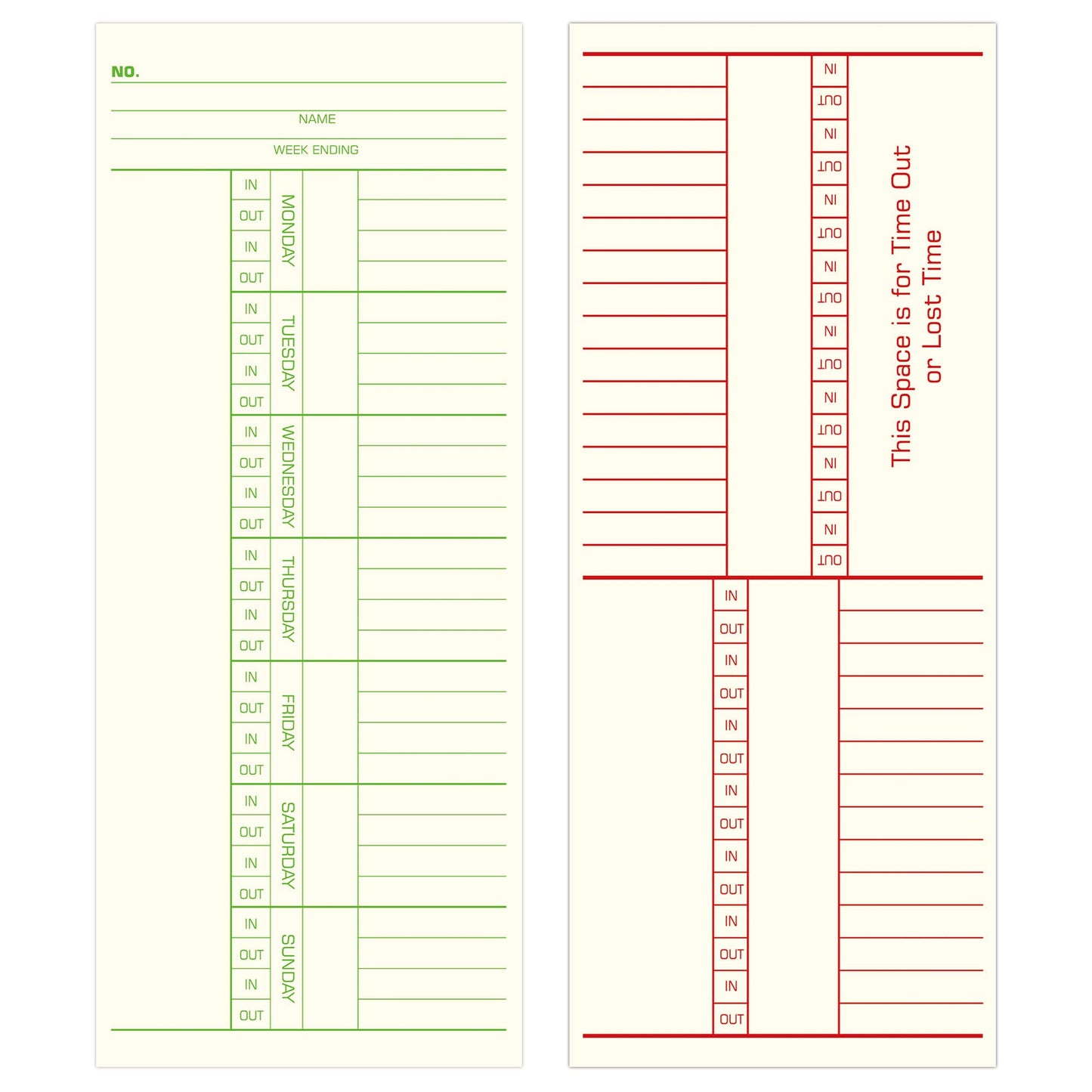 Weekly Time Cards 2-Sided, Named Days, 3-3/8" x 8-1/4", 500-Count, Time Cards for Employees, Green/Red Print, Timecards for Time Clocks