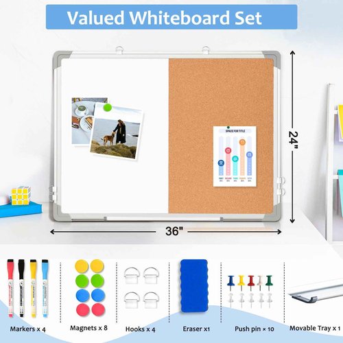 AMUSIGHT 36" x 24" White Board & Cork Board Combo for Wall, Magnetic Double-Sided Dry Erase Board Cork Board Combination Hanging Whiteboard for Planning, Memo, School, Home, Office