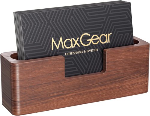 MaxGear Walnut Wood Business Card Holder - Elegant Desk Display Stand | Curved Office Organizer, 1 Pack