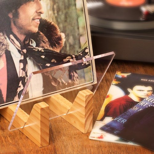 KAIU Vinyl Record Storage Holder - Premium Solid Wood & Acrylic Design | Holds Up to 50 Albums (Clear)
