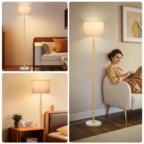 DMBOSS 63.7" Floor Lamps for Living Room,Dimmable Lamps with White Marble Base Linen Shade,9W LED Bulb Included,Modern Standing Lamp with Gold Pole for Office Reading,Bedroom