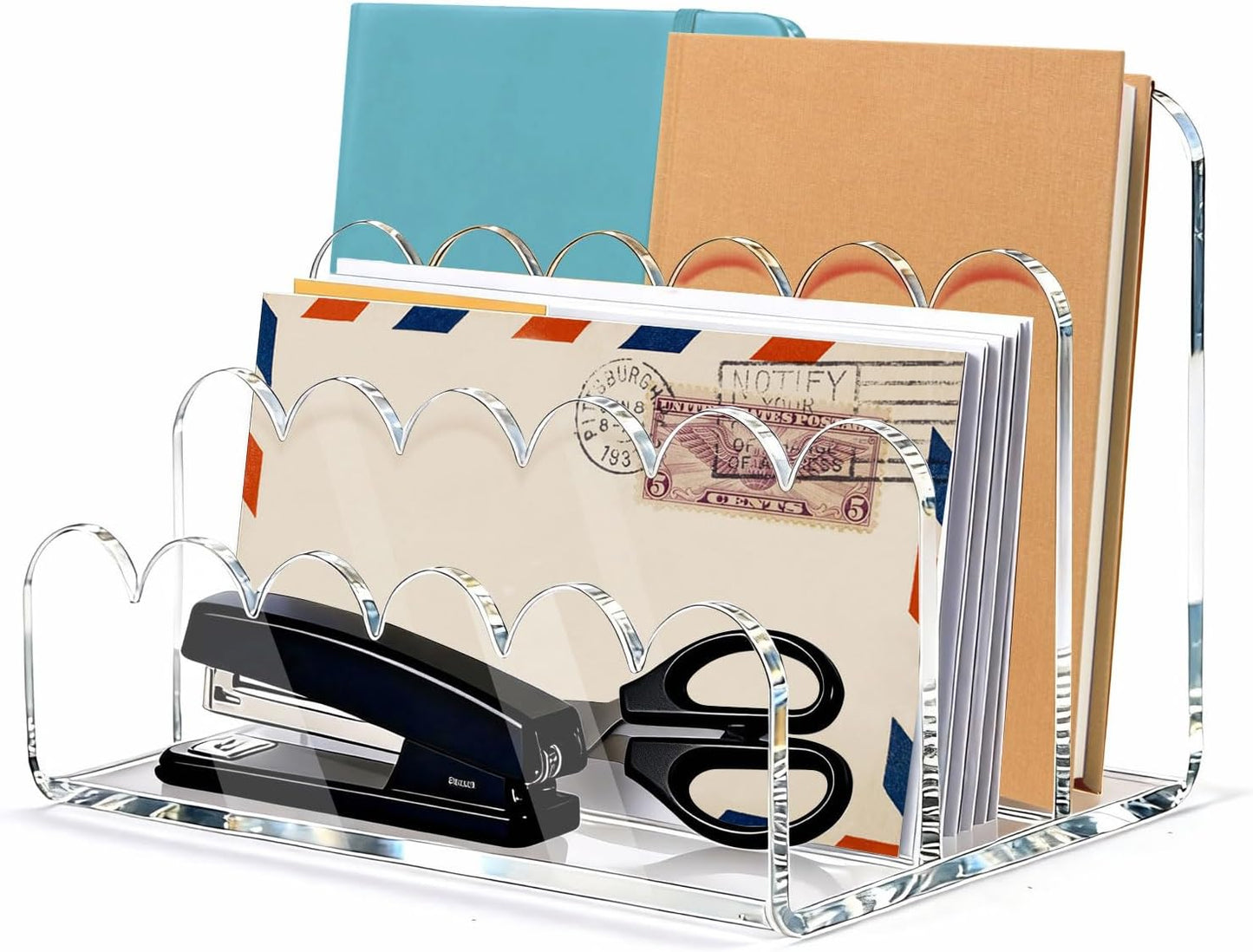 Skiennix Clear Acrylic Mail Organizer - 3-Compartment Vertical Letter Holder for Desk | Sorts Bills & Stationery