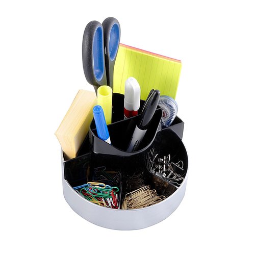 Kantek Rotating Desk Organizer, 8 Compartments, Plastic, 6 x 5.75 x 4.5, Black/Silver
