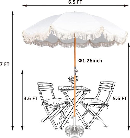 Skiennix 6.5ft Boho Beach Umbrella - UPF 50+ Fringe Design with Carry Bag | Premium Wood Pole for Outdoor Use
