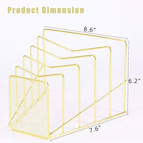 Z PLINRISE Incline File Sorter, Wire Magazine Holder Rack for Mails, Folders and Books, Desk Paper Storage Organizer for Home and Office, 5 Sections, Gold