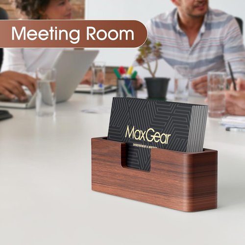 MaxGear Walnut Wood Business Card Holder - Elegant Desk Display Stand | Curved Office Organizer, 1 Pack