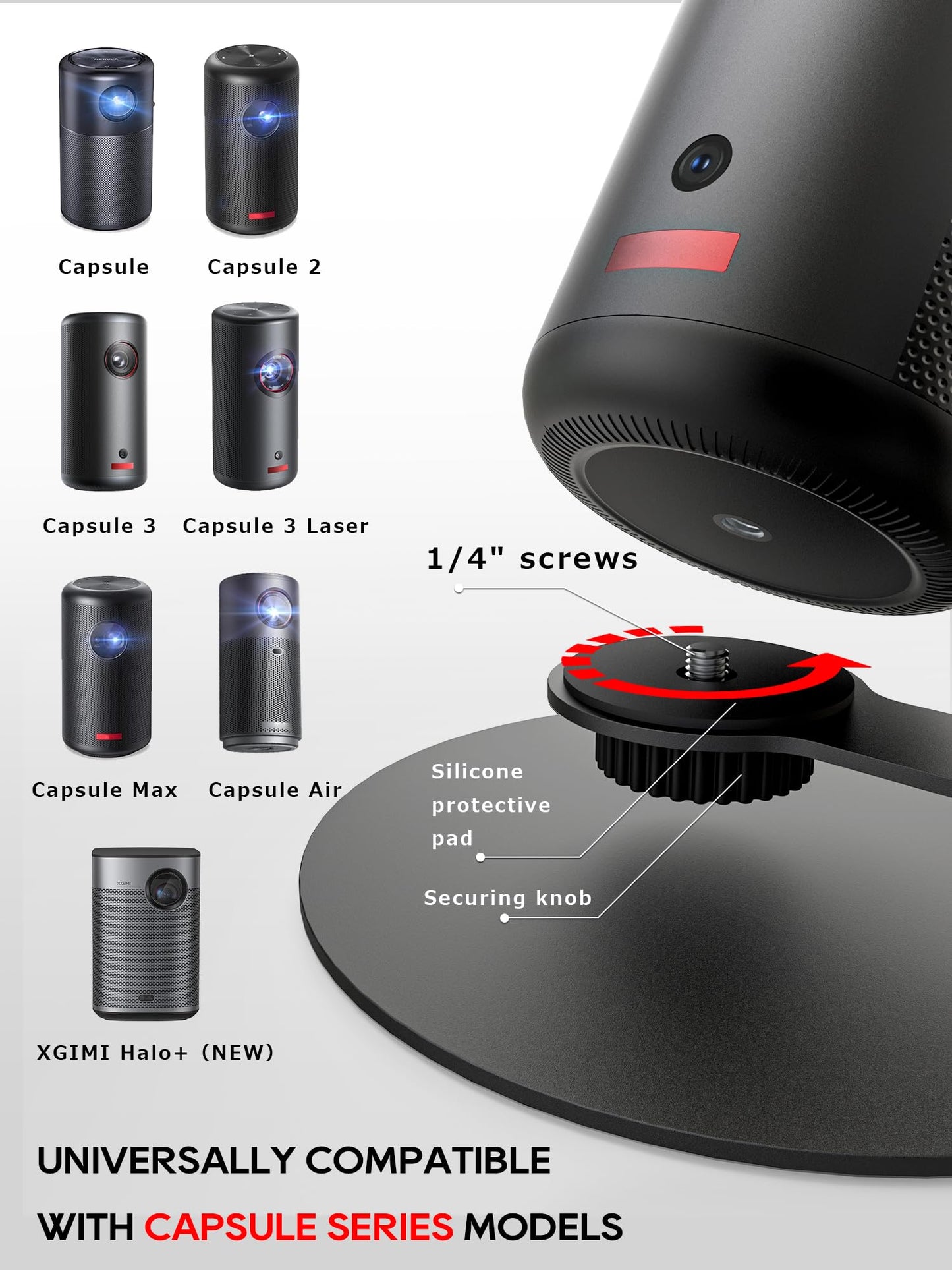 Haweah Projector Stand for Nebula Capsule Series & XGIMI Halo+(New) Works with Capsule 3/Air/Pro, Mini Projectors | Ceiling & Wall Projection, Height Adjustable, 360° Rotation | 1/4-Inch Screw(A-Black)