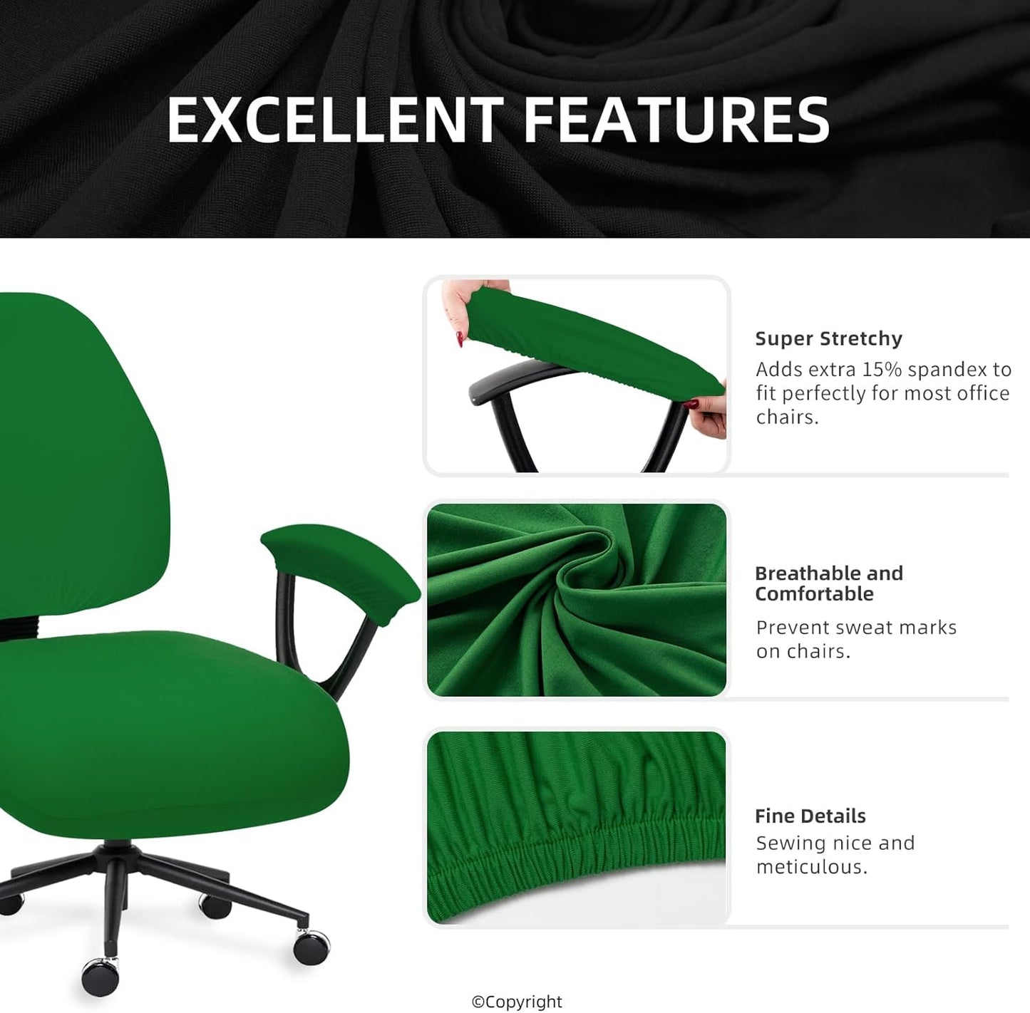 Skiennix Stretchable Desk Chair Covers - Universal Armrest & Backrest Slipcovers | Washable Pet Protection - Green
