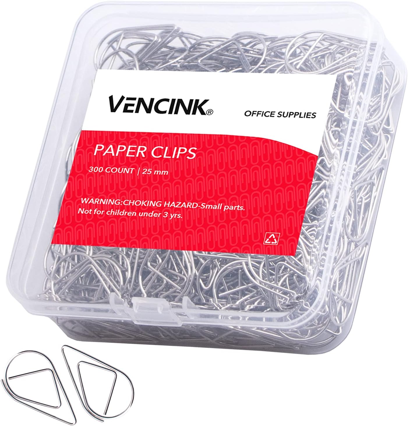 VENCINK Silver Paper Clips - 300 Smooth Stainless Steel Drop-Shaped Clips for Office & School Use