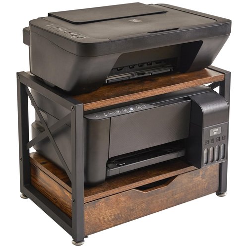 IBUYKE 2 Tier Desktop Printer Stand,Multi-Purpose Desk Organizer,Wooden Printer Stand with Drawer Storage for Folders,Books,for Fax Machine, Scanner,Home Office,Rustic Brown UTLJ006H
