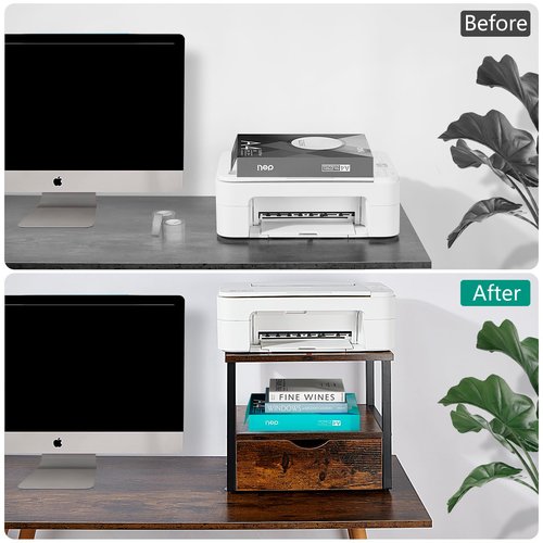 jarrvz 2 Tier Desktop Printer Stand,Printer Stand with Drawers,Printer Shelf for Top of Desk ，Multi-Purpose Desk Organizer for Home Office, Fit Fax Machine, Scanner,Rustic Brown
