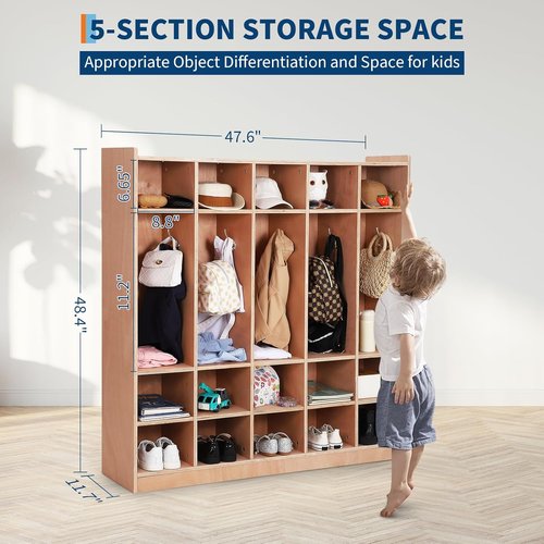 Garvee 5-Section Classroom Coat Locker - 15 Cubbies with Anti-Tip Anchors & 4 Casters | Ideal for Home & School