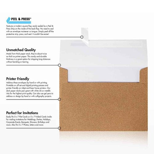 LUXPaper A7 Invitation Envelopes | Peel & Press | 5 1/4" x 7 1/4" | Rose Gold Sparkle | 90lb. Text | 50 Qty