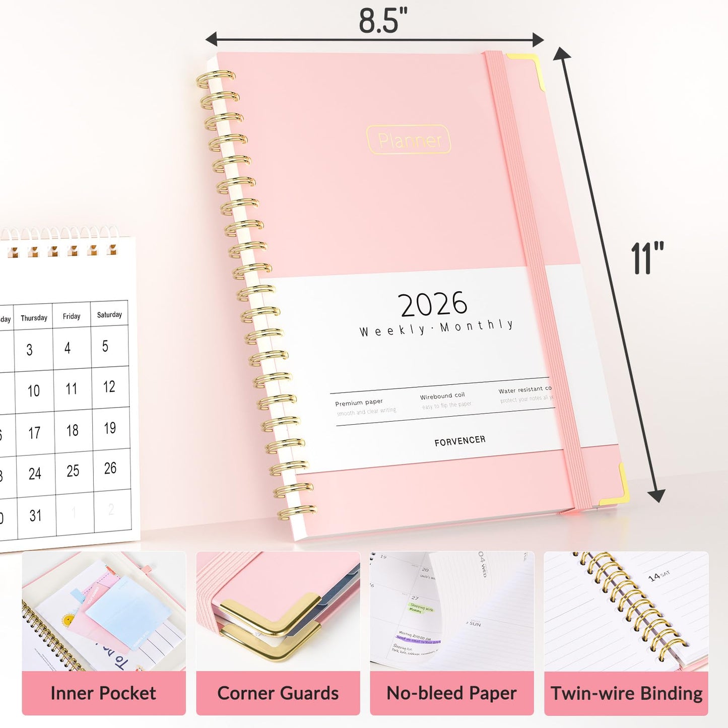 Forvencer 2026 Planner, Hardcover Calendar Planner Weekly and Monthly, Jan 2026 - Dec 2026, 8.5" x 11", Spiral Daily Organizer for Home School, Pink