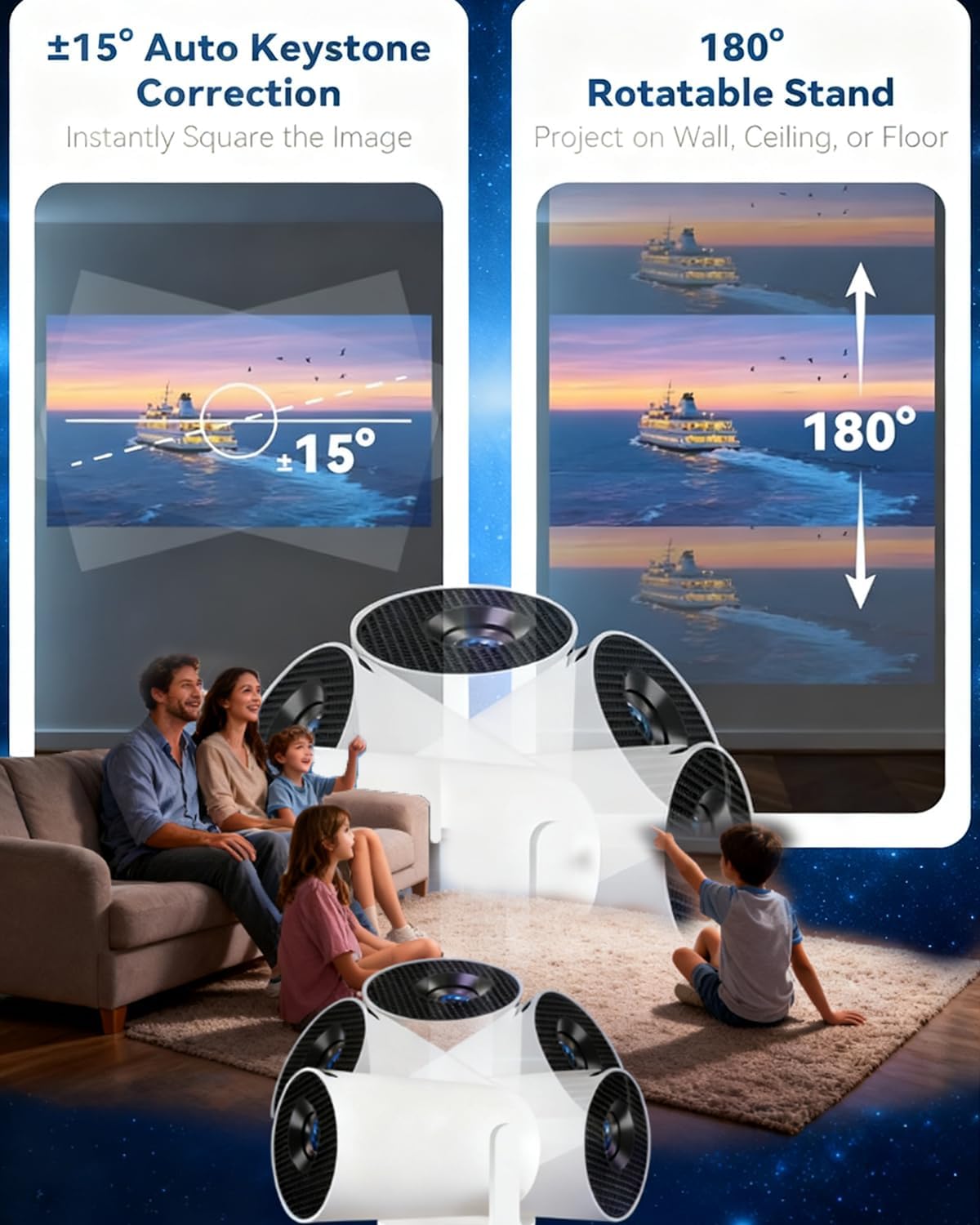 Skiennix Mini 210° Smart Projector - Extra Large Fantasy Display | 1080p HD, Compatible with Smartphone & TV Stick