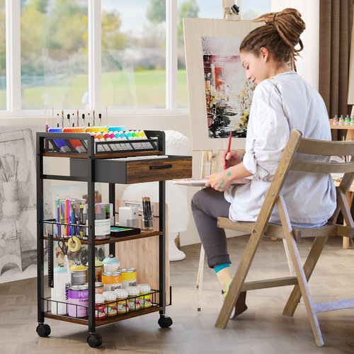 Homsorout 3 Tier Rolling Cart - Metal Utility Cart with Storage Drawer and Wheels, Versatile Art & Craft Organizer for Home, Office, or Studio Ideal for Storing Brushes, Paints, and Supplies Brown