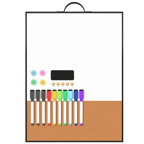 Lumspax Small White Board 16" x 12" for Wall, Portable Black Aluminum Framed Whiteboard with Cork, Combination Modern Dry Erase Board with Handle for Home, Office, School