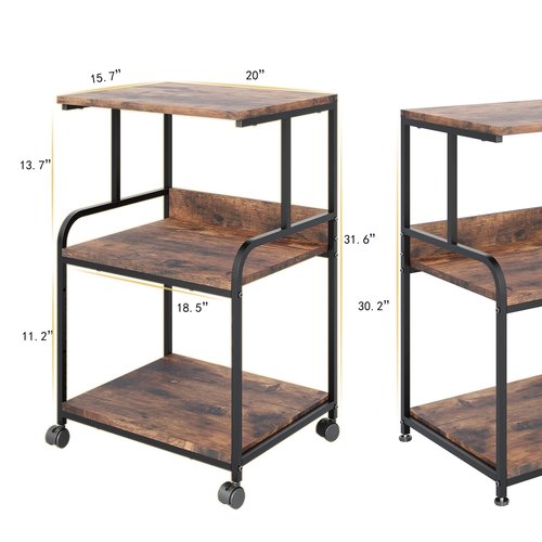Luwesde 3 Tier Rolling Printer Cart with Wheels, Rustic Brown, Adjustable, Compatible with Printers, Fax Machines, Home Office, Kitchen, Living Room, Bedroom Storage Shelves