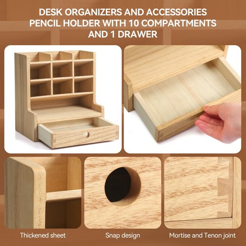 KIRIGEN Wood Desk Pen Holder Organzier with Drawer Multi Functional Pens Storage Organizer with 9 Compartments for Home, Office and Desk Accessories BJH9G-NA