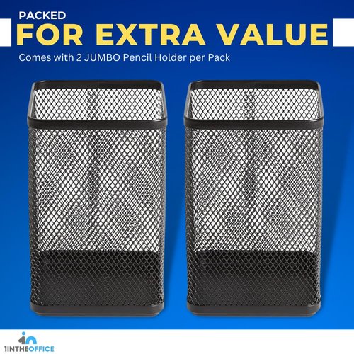 1InTheOffice Pencil Cups for Desk, Jumbo Pencil Holder, Stackable Wire Mesh Jumbo Pencil Holder, Matte Black 2 pack