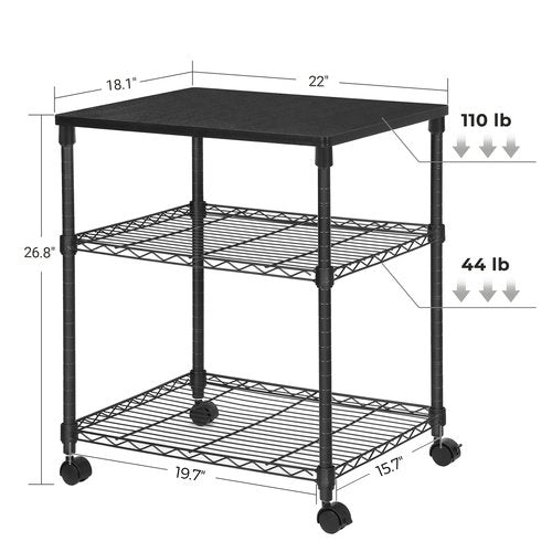 SONGMICS 3 Tier Wide Printer Stand, Printer Table with Wheels, Rolling Printer Cart, Printer Desk with Metal Frame for Home Office, 22 x 18.1 x 26.8 Inches, Black ULGR32BK