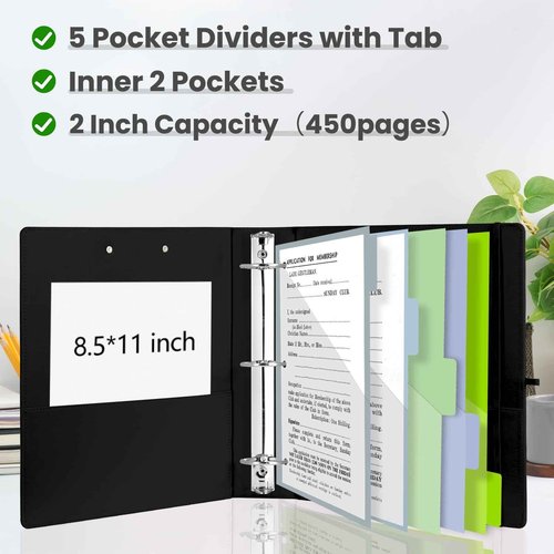 BVSSX 3 Ring Binder with Clipboard,2 Inch Binders with Notepad&5 Dividers with Pockets, Labels,PU Clipboards for School Office(Black,Letter Size)