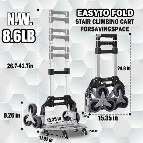 Stair Climbing Cart, 330LB Capacity Collapsible Stair Climber Cart,Cart for Stairs with Bungee Cord and Swivel Wheels 50L Shopping Bag,Hand Trucks for Moving Shopping, Office Use