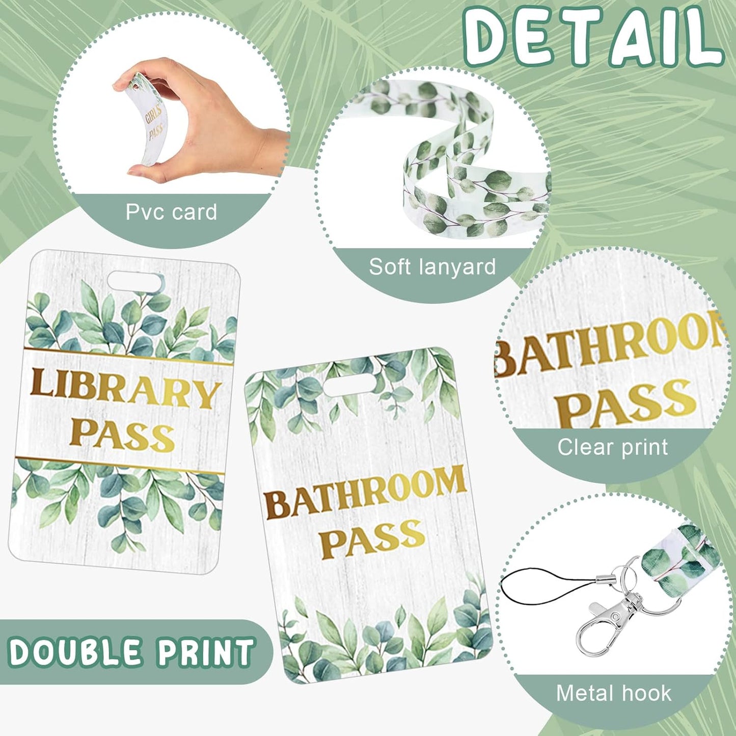 Teling Hall Pass Lanyards Set - Unbreakable PVC Passes for School & Office | Eucalyptus Design